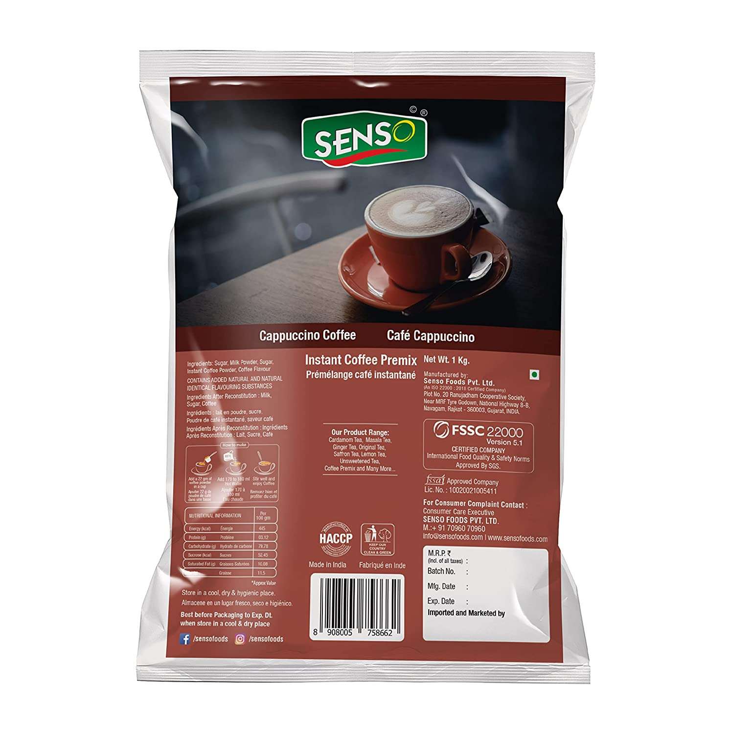 Senso Cappuccino Coffee Premix 3 in 1 Instant -vending machine 1Kg